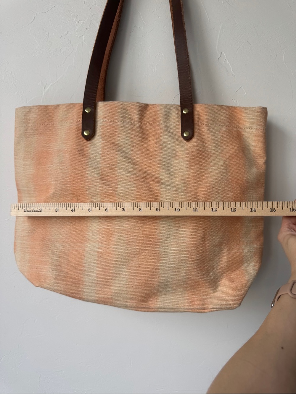 R. Riveter "Wilson" Canvas Tote – Peach/Cream Stripe with Leather Straps - Picture 3 of 7